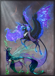 Size: 1239x1683 | Tagged: safe, artist:begasus, nightmare moon, queen chrysalis, alicorn, changeling, changeling queen, pony, bat wings, chrysmoon, cloven hooves, ethereal mane, female, flying, glowing eyes, glowing hooves, glowing horn, hybrid wings, leonine tail, lesbian, long tail, looking up, mare, realistic horse legs, shipping, smiling, spread wings, starry mane, starry wings, swirly markings, wing claws, wings