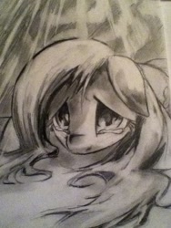 Size: 600x800 | Tagged: safe, artist:lumas22, fluttershy, pegasus, pony, crying, monochrome, pencil drawing, solo, traditional art