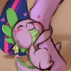 Size: 1000x1000 | Tagged: safe, artist:hinoraito, derpibooru import, spike, twilight sparkle, dragon, pony, baby, baby dragon, blushing, clinging, cute, eyes closed, female, heart, hnnng, hug, leg, male, mare, signature, smiling, solo focus, spikabetes, tail