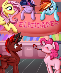 Size: 2000x2400 | Tagged: safe, artist:jack-pie, derpibooru import, fluttershy, pinkie pie, rainbow dash, twilight sparkle, oc, alicorn, earth pony, pegasus, pony, alicorn oc, banner, birthday, commission, eyes closed, female, happy birthday, male, mare, spanish, stallion