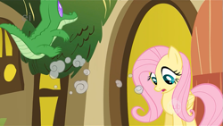 Size: 639x360 | Tagged: safe, screencap, fluttershy, gummy, pegasus, pony, party of one, ei, hub logo