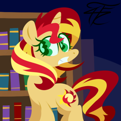 Size: 500x500 | Tagged: safe, artist:php92, sunset shimmer, pony, unicorn, book, bookshelf, solo