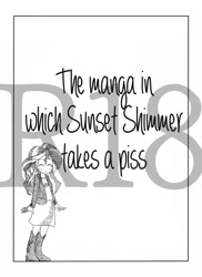 Size: 621x854 | Tagged: safe, artist:zat, sunset shimmer, equestria girls, explicit source, monochrome, solo, the manga in which sunset shimmer takes a piss, translation