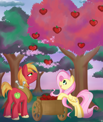 Size: 1600x1900 | Tagged: safe, artist:bamboodog, big macintosh, fluttershy, butterfly, earth pony, pegasus, pony, apple, apple tree, cart, female, fluttermac, male, mare, shipping, stallion, straight, tree