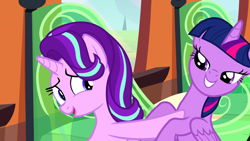 Size: 1280x720 | Tagged: safe, screencap, starlight glimmer, twilight sparkle, twilight sparkle (alicorn), alicorn, pony, the crystalling, grin, lidded eyes, nervous, open mouth, out of context, pushing, smiling