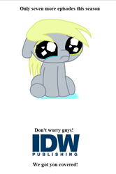 Size: 474x713 | Tagged: artist needed, source needed, safe, idw, derpy hooves, pegasus, pony, blonde mane, crying, female, gray coat, mare, simple background, sitting, solo, text, white background