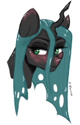 Size: 742x1150 | Tagged: safe, artist:sugardoll666, queen chrysalis, changeling, changeling queen, blushing, bust, ear blush, fangs, female, simple background, smiling, solo, white background