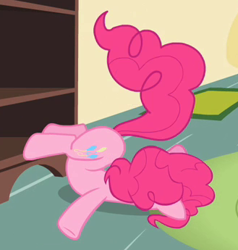 Size: 329x345 | Tagged: safe, screencap, pinkie pie, earth pony, pony, secret of my excess, backbend, faceplant, solo