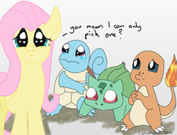 Size: 733x558 | Tagged: safe, artist:bibliodragon, fluttershy, pegasus, pony, bulbasaur, charmander, crying, pokémon, sad, squirtle