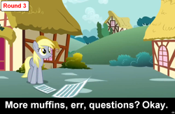 Size: 1024x672 | Tagged: safe, derpy hooves, pegasus, pony, comic:celestia's servant interview, caption, female, interview, mare, meta