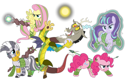 Size: 7500x4750 | Tagged: safe, artist:ggalleonalliance, artist:osipush, discord, fluttershy, pinkie pie, starlight glimmer, zecora, earth pony, pegasus, pony, zebra, absurd resolution, alternate hairstyle, armor, arrow, camouflage, coat markings, ear piercing, earring, grin, heroes of might and magic, jewelry, legion of wildlife, levitation, magic, piercing, ponies of flight and magic, pouch, self-levitation, simple background, smiling, smug, spear, staff, tattoo, telekinesis, transparent background, weapon