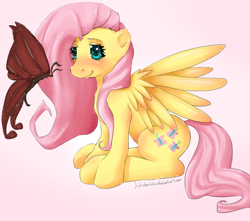 Size: 900x794 | Tagged: safe, artist:justicebustedus, fluttershy, butterfly, pegasus, pony, female, mare, pink mane, yellow coat