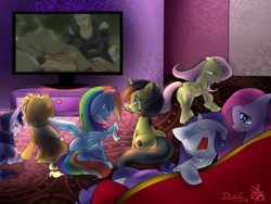 Size: 780x585 | Tagged: safe, derpibooru import, applejack, fluttershy, pinkie pie, rainbow dash, rarity, twilight sparkle, oc, oc:pauly sentry, earth pony, pegasus, pony, unicorn, exploitable meme, mane six, meme, sad, sad movie meme, toboe, tsume, wolfs rain