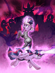 Size: 1493x1950 | Tagged: safe, artist:saturdaymorningproj, king sombra, lord tirek, queen chrysalis, tempest shadow, twilight sparkle, twilight sparkle (alicorn), alicorn, changeling, changeling queen, pony, unicorn, my little pony: the movie, duality, future twilight, glowing horn, magic blast, twilight day