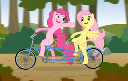 Size: 4743x3000 | Tagged: safe, artist:thundercrackermlp, fluttershy, pinkie pie, earth pony, pegasus, pony, bicycle, ride to conquer cancer