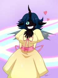 Size: 1176x1576 | Tagged: safe, artist:traupa, queen chrysalis, anthro, changeling, changeling queen, alternate hairstyle, blushing, breasts, clothes, cute, cutealis, dress, female, heart, one eye closed, short hair, smiling, solo, wink