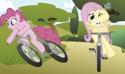 Size: 1240x733 | Tagged: safe, anonymous artist, angel bunny, fluttershy, pinkie pie, tank, earth pony, pegasus, pony, anatomically incorrect, bicycle, incorrect leg anatomy, ride to conquer cancer