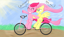 Size: 1190x689 | Tagged: safe, artist:tashiepie, fluttershy, pinkie pie, earth pony, pegasus, pony, bicycle, ride to conquer cancer