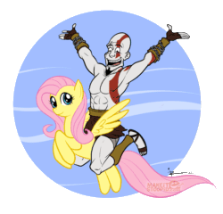 Size: 845x811 | Tagged: safe, artist:izra, fluttershy, pegasus, pony, crossover, god of war, kratos