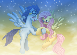 Size: 1398x1007 | Tagged: safe, artist:dreamerswork, fluttershy, soarin', pegasus, pony, blushing, female, male, shipping, soarinshy, straight