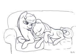 Size: 1253x899 | Tagged: safe, artist:purmu, octavia melody, pinkie pie, earth pony, pony, female, lesbian, monochrome, octapie, pinkamena diane pie, shipping, sofa