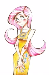 Size: 1503x2288 | Tagged: safe, artist:akikodestroyer, fluttershy, clothes, dress, humanized, solo