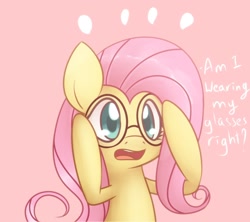 Size: 900x800 | Tagged: safe, artist:solar-slash, fluttershy, pegasus, pony, cute, glasses, pink background, simple background, solo, text