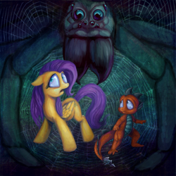 Size: 720x720 | Tagged: safe, artist:voodoo-tiki, fluttershy, oc, dragon, giant spider, pegasus, pony, spider, aragog, dragon oc, female, harry potter, male, mare, species:acromantula, spider web, trio