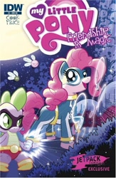 Size: 500x768 | Tagged: safe, idw, pinkie pie, spike, dragon, earth pony, pony, comic, cover, jetpack comics, official, official comic, superhero