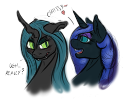 Size: 550x433 | Tagged: safe, artist:thexiiilightning, nightmare moon, queen chrysalis, changeling, changeling queen, chrysmoon, female, lesbian, shipping, sketch, text