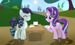 Size: 3228x1946 | Tagged: safe, artist:shutterflyeqd, coloratura, starlight glimmer, pony, unicorn, autograph, cute, duo, eyes closed, happy, paper, pencil, rara, rarabetes, role reversal, signature, smiling, table