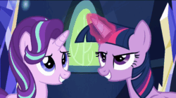 Size: 858x482 | Tagged: safe, screencap, starlight glimmer, twilight sparkle, twilight sparkle (alicorn), alicorn, pony, spice up your life, duo, duo female, evil grin, female, magic