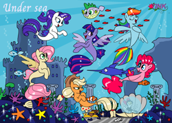 Size: 1700x1216 | Tagged: artist needed, source needed, useless source url, safe, artist:pencil bolt, derpibooru import, applejack, fluttershy, pinkie pie, rainbow dash, rarity, songbird serenade, spike, twilight sparkle, seapony (g4), my little pony: the movie, :p, bubble, castle, cute, eyes closed, lidded eyes, mane seven, mane six, open mouth, puffer fish, seaponified, seapony applejack, seapony fluttershy, seapony pinkie pie, seapony rainbow dash, seapony rarity, seapony twilight, seashell, smiling, smirk, species swap, spike the pufferfish, spread wings, swordfish, tongue out, undersea spa, wings
