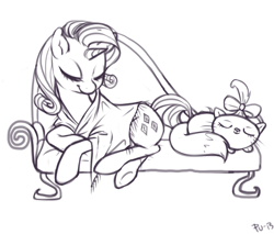 Size: 1280x1093 | Tagged: safe, artist:purmu, opalescence, rarity, pony, unicorn, fainting couch, lineart, shawl, sleeping, sofa