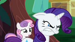 Size: 1280x720 | Tagged: safe, screencap, rarity, sweetie belle, pony, unicorn, sisterhooves social, angry