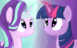 Size: 1920x1200 | Tagged: safe, artist:sutekh94, starlight glimmer, twilight sparkle, twilight sparkle (alicorn), alicorn, pony, glowing horn, wallpaper