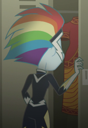 Size: 444x643 | Tagged: safe, derpibooru import, screencap, rainbow dash, zapp, equestria girls, movie magic, spoiler:eqg specials, clothes, costume, cropped, power ponies, rear view, solo