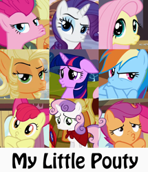 Size: 900x1048 | Tagged: safe, derpibooru import, edited screencap, screencap, apple bloom, applejack, fluttershy, mare do well, pinkie pie, rainbow dash, rarity, scootaloo, sweetie belle, twilight sparkle, earth pony, pegasus, pony, unicorn, filli vanilli, hurricane fluttershy, one bad apple, pinkie apple pie, simple ways, suited for success, the mysterious mare do well, twilight time, applejewel, compilation, cropped, cutie mark crusaders, duckface, female, filly, mane six, mare, o3o, pouting