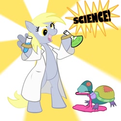 Size: 900x900 | Tagged: safe, artist:aoshistark, derpy hooves, pegasus, pony, turtle, clothes, female, lab coat, mare, pet, science, toy turtle