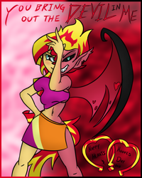 Size: 800x1000 | Tagged: safe, artist:wryte, sunset satan, sunset shimmer, demon, equestria girls, alternate hairstyle, belly button, blushing, breasts, clothes, fangs, flirty, hearts and hooves day, hearts and hooves day cards, humanized, midriff, side slit, skirt, tailed humanization, text, transformation, underboob, winged humanization