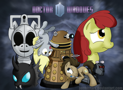 Size: 4951x3600 | Tagged: safe, artist:aoshistark, apple bloom, derpy hooves, doctor whooves, changeling, cyborg, pegasus, pony, cyberman, dalek, doctor who, female, k-9, mare