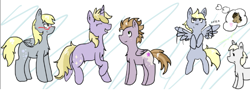 Size: 599x215 | Tagged: safe, artist:headdesk-art, derpy hooves, dinky hooves, oc, pegasus, pony, banana muffin, dizzy doo, dizzy hooves, family, female, foal, glasses, lavender star, mare, older, unnamed pony