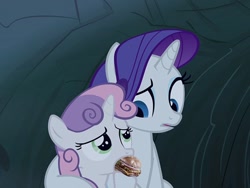 Size: 800x600 | Tagged: safe, artist:sweetieburger, edit, edited screencap, screencap, rarity, sweetie belle, pony, unicorn, burger