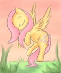 Size: 650x770 | Tagged: safe, artist:nos-talgia, fluttershy, pegasus, pony, eyes closed, female, flying, grass, mare, profile, signature