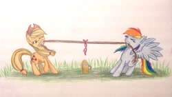 Size: 1024x576 | Tagged: safe, artist:thefriendlyelephant, derpibooru import, applejack, rainbow dash, earth pony, pegasus, pony, cider, colored pencil drawing, duo, eyes closed, gritted teeth, mouth hold, mug, pulling, raised hoof, rope, spread wings, struggling, traditional art, tug of war