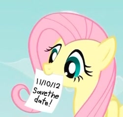 Size: 324x309 | Tagged: safe, fluttershy, pegasus, pony, season 3, blue eyes, exploitable meme, female, fluttershy's note meme, mare, meme, mouth hold, note, pink mane, simple background, solo, wings, yellow coat