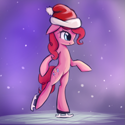 Size: 621x621 | Tagged: safe, artist:fajeh, pinkie pie, pony, bipedal, hat, ice skates, ice skating, palindrome get, santa hat, snow, snowfall, solo