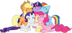 Size: 10828x5124 | Tagged: safe, artist:kayman13, artist:pink1ejack, derpibooru import, applejack, fluttershy, pinkie pie, rainbow dash, rarity, twilight sparkle, twilight sparkle (alicorn), alicorn, earth pony, pegasus, pony, unicorn, fame and misfortune, absurd resolution, eyes closed, female, group hug, hug, mane six, mare, simple background, smiling, transparent background, vector