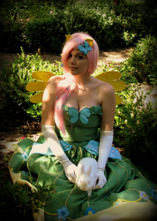 Size: 1614x2262 | Tagged: safe, artist:ringo-chu, fluttershy, human, belly button, clothes, cosplay, dress, gala dress, irl, irl human, photo, solo