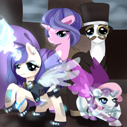 Size: 1000x1000 | Tagged: safe, artist:aruva-chan, cookie crumbles, hondo flanks, rarity, sweetie belle, sweetie bot, pony, robot, unicorn, alicornified, artificial wings, augmented, clothes, cookieflanks, earring, female, filly, foal, goggles, hat, hooves, horn, magic, magic wings, male, mare, monocle, rarity's parents, rearing, stallion, steampunk, top hat, wings